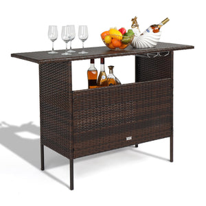 Wicker Outdoor Bar Table with Steel Shelves and Wine Glass Rack