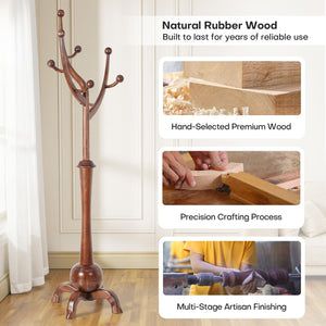 Wooden Coat Rack Freestanding with 8 Hooks