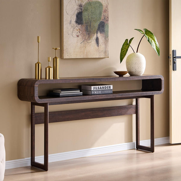 63" Narrow Console Table with Open Shelf, Curved Modern Design