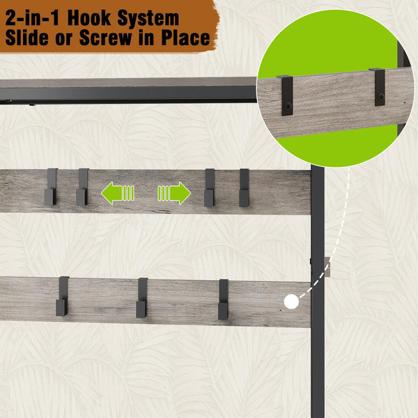 5-in-1 Hall Tree with Shoe Bench, Coat Rack & 4-Tier Shelves, Industrial