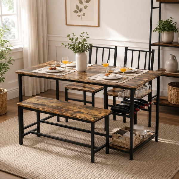 4-Person Dining Table Set with Bench, Wine Rack & Storage