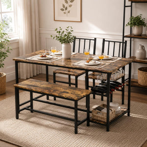 4-Person Dining Table Set with Bench, Wine Rack & Storage
