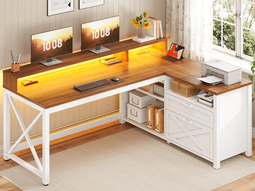 L-Shaped Desk with Drawers, LED Lights & Power Outlet