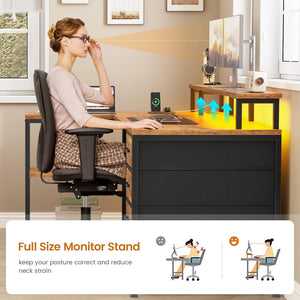 L-Shaped Desk with Drawers, LED Lights & Power Outlets