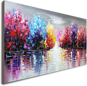 Hand Painted Lake Landscape Canvas Wall Art – Colorful Tree Thick Texture Oil Painting