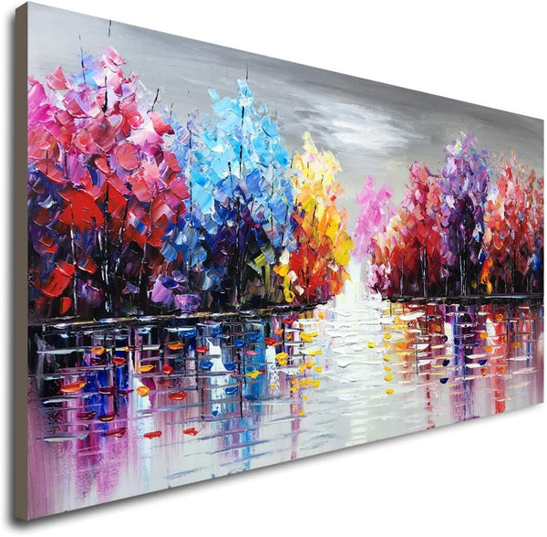 Hand Painted Lake Landscape Canvas Wall Art – Colorful Tree Thick Texture Oil Painting