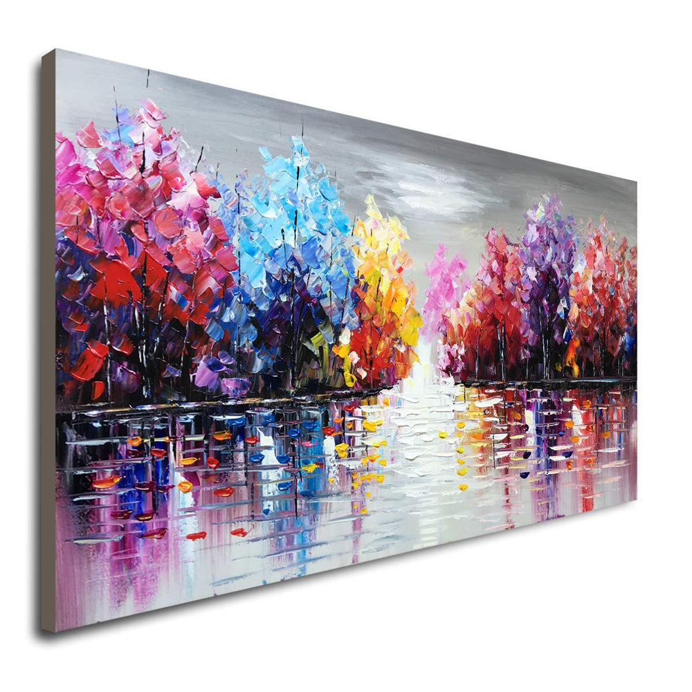 Hand Painted Lake Landscape Canvas Wall Art – Colorful Tree Thick Texture Oil Painting