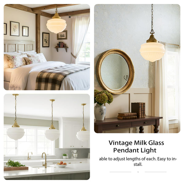 Vintage Milk Glass Pendant Light with Antique Brass Finish – 13.8" Shade, E26