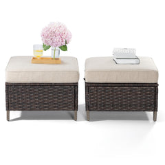 Patio Ottoman Set of 2 – All Weather Outdoor Rattan Footstools with Removable Cushions