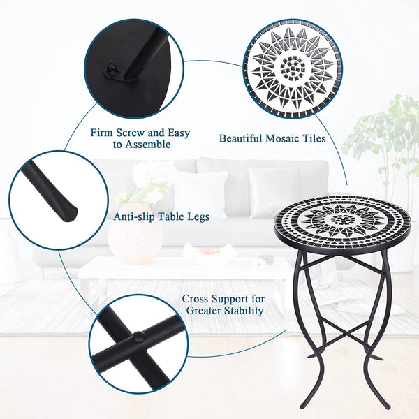 Round Mosaic Outdoor Side Table with Metal Frame