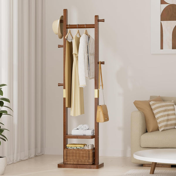 Solid Wood Coat Rack with Shelves & Hooks