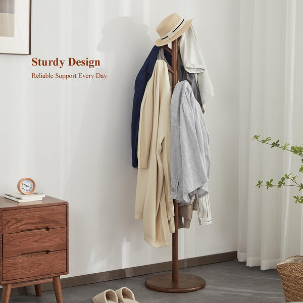 Ash Wood Freestanding Coat Rack with 6 Hooks – Walnut Brown
