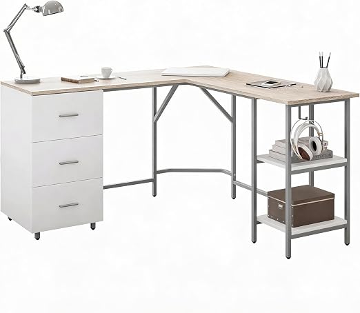 L-Shaped Computer Desk with Drawers & Storage Shelves