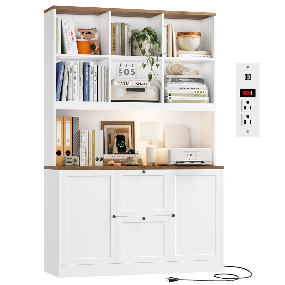 72-Inch Tall Bookcase with Power Outlet, File Drawers & Cabinet Doors