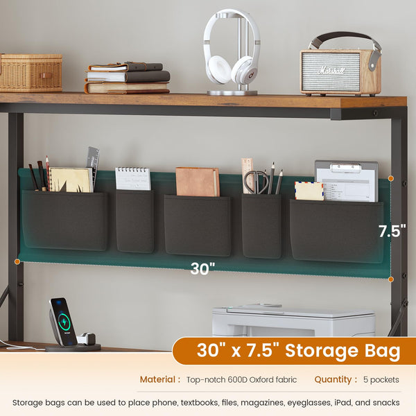 L-Shaped Desk with Hutch, 5 Drawers, Storage Shelves, Power Outlet & LED Lights