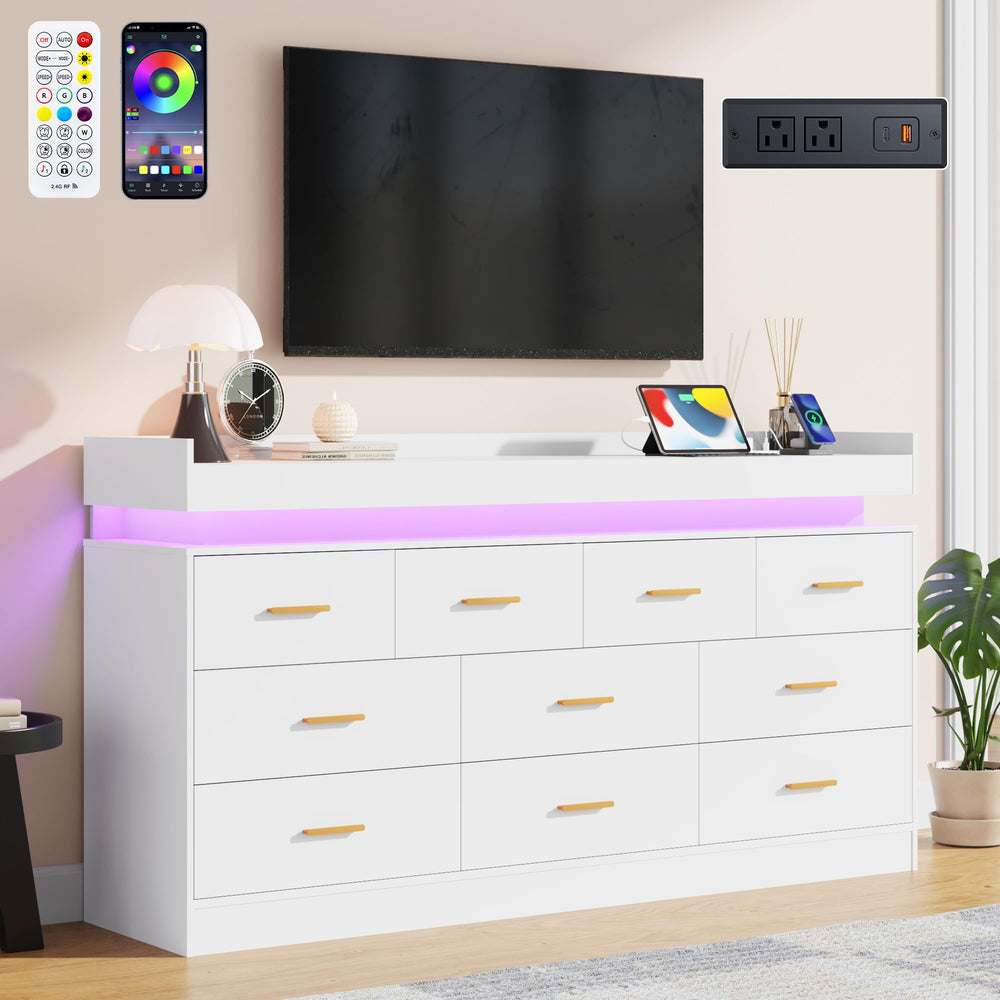 10-Drawer Dresser with Power Outlet and LED Light