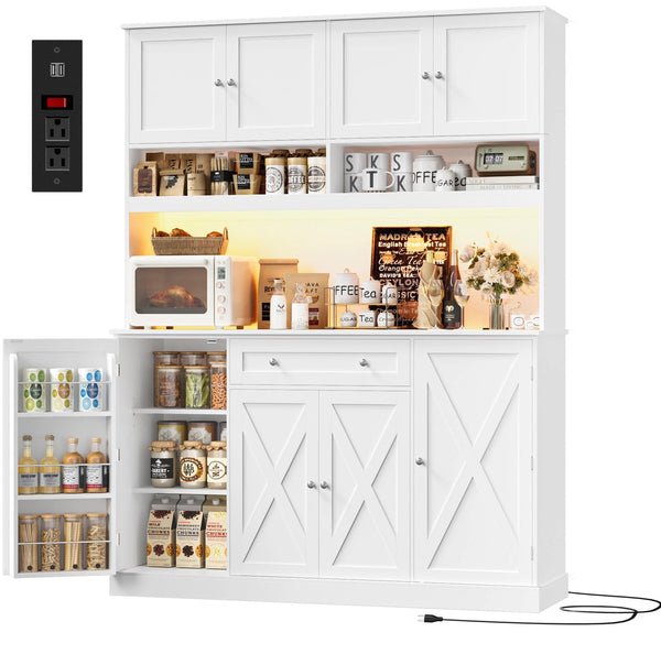Tall Kitchen Pantry Cabinet with LED & Charging Station