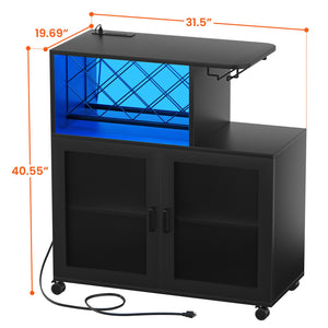 Small Bar Cabinet with LED Light, Power Outlets & Wine Rack
