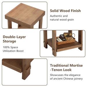 Solid Wood End Table Set of 2 with 2-Tier Storage