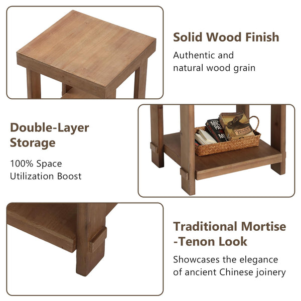 Solid Wood End Table Set of 2 with 2-Tier Storage