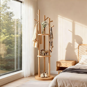 Solid Wood Rotary Coat Rack with Shelves & Hooks