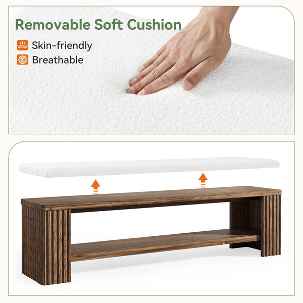 63" Solid Wood Entryway Bench with Removable Cushion & Fluted Legs