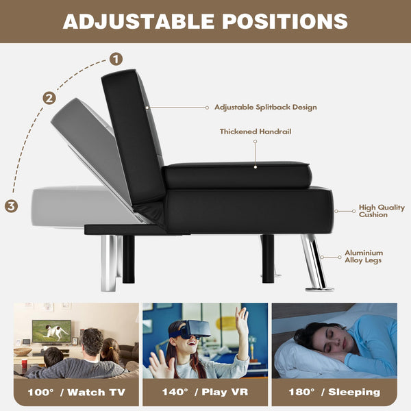 Convertible Futon Sofa Bed with Adjustable Backrest & Cup Holders