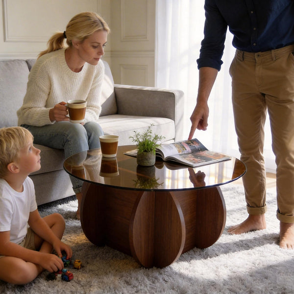 Round Glass Coffee Table with Solid Wood Legs