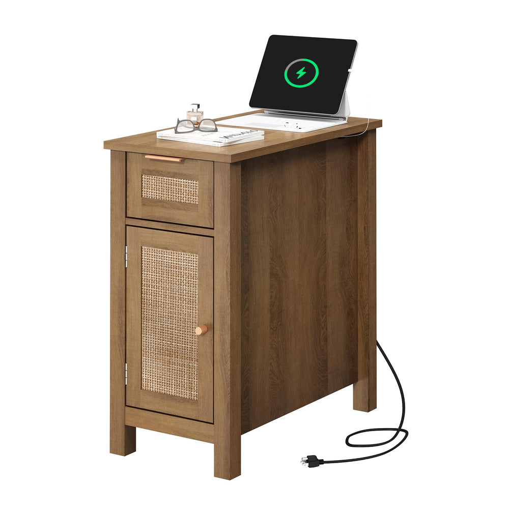 Narrow End Table with Charging Station – Midcentury Rattan Side Table with USB Ports & Storage