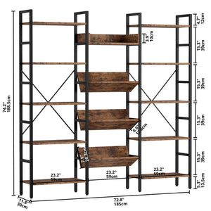 Triple Wide 5-Tier Industrial Bookshelf with Metal Frame