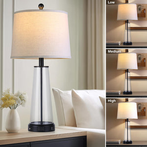 Glass Table Lamp Set of 2 with USB-C, USB-A & AC Outlet, 3-Way Touch Dimmable Bedside Lamp