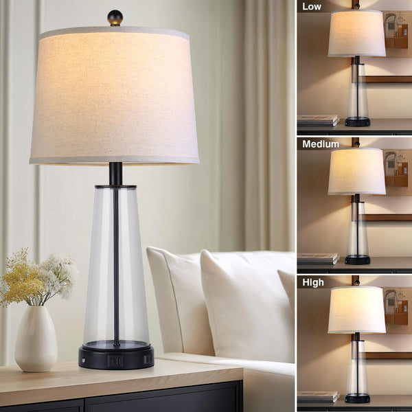 Glass Table Lamp Set of 2 with USB-C, USB-A & AC Outlet, 3-Way Touch Dimmable Bedside Lamp