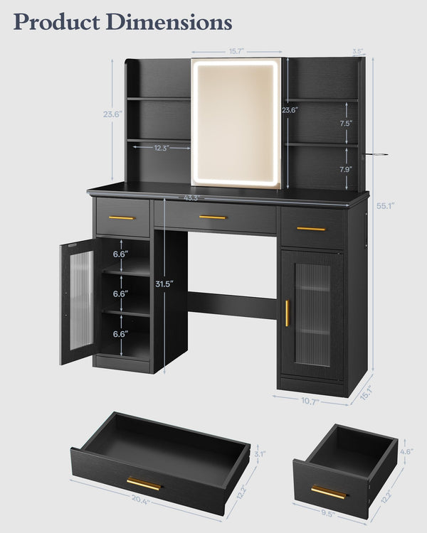 Vanity Desk with LED Mirror & Sliding Mirror