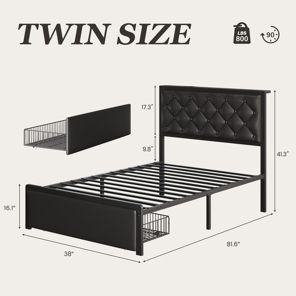 Metal Platform Bed Frame with Storage Drawers & Charging Station