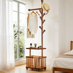 Solid Wood Coat Rack with Storage Baskets and Wheels