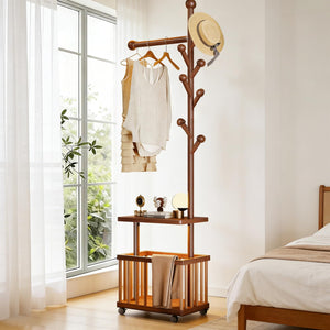 Solid Wood Coat Rack with Storage Baskets and Wheels