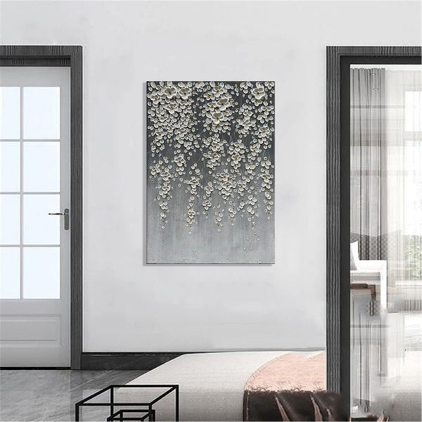 3D Hand-Painted White Floral Canvas Wall Art – Framed, 28x40 Inch