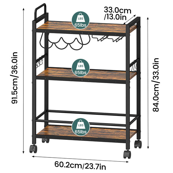 Rolling Bar Cart with Wine Rack & Glass Holder