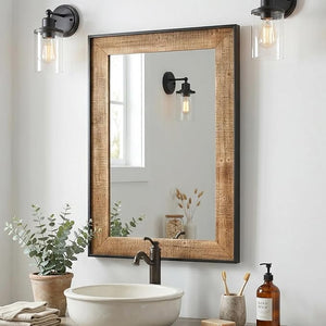 Round Wood Wall Mirror with Black Metal Frame