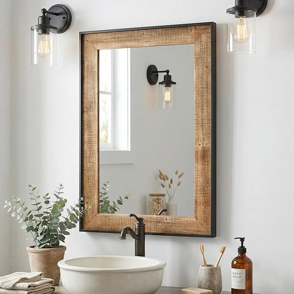Round Wood Wall Mirror with Black Metal Frame