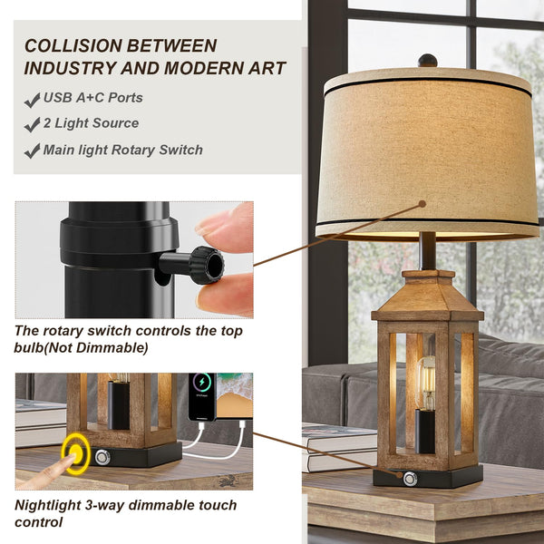 Farmhouse Table Lamp with USB Charging & Nightlight