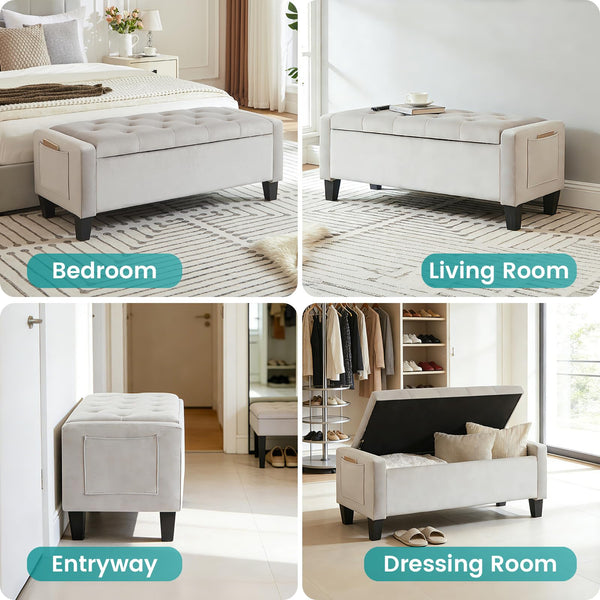 Velvet Storage Ottoman Bench with Side Pockets