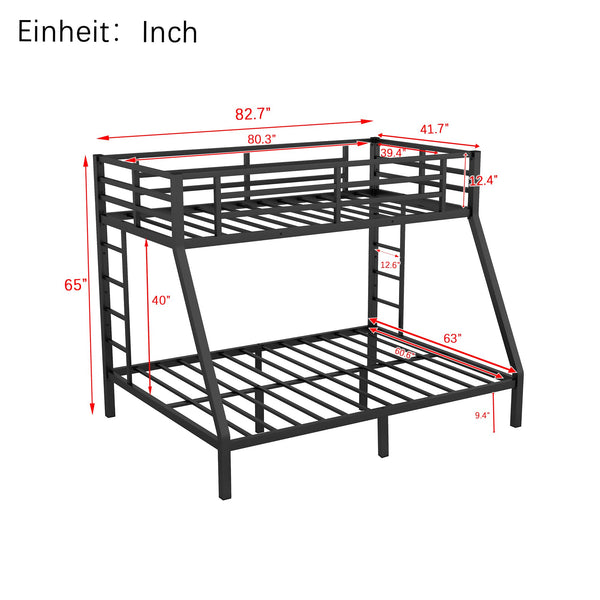 Twin XL over Queen Metal Bunk Bed with Ladders & Guardrail