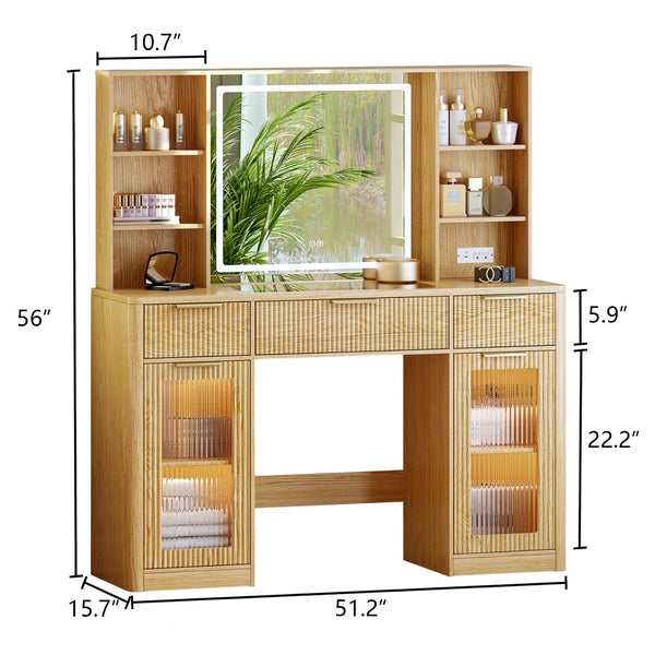47" Fluted Makeup Vanity Desk with Mirror, Lights & Storage