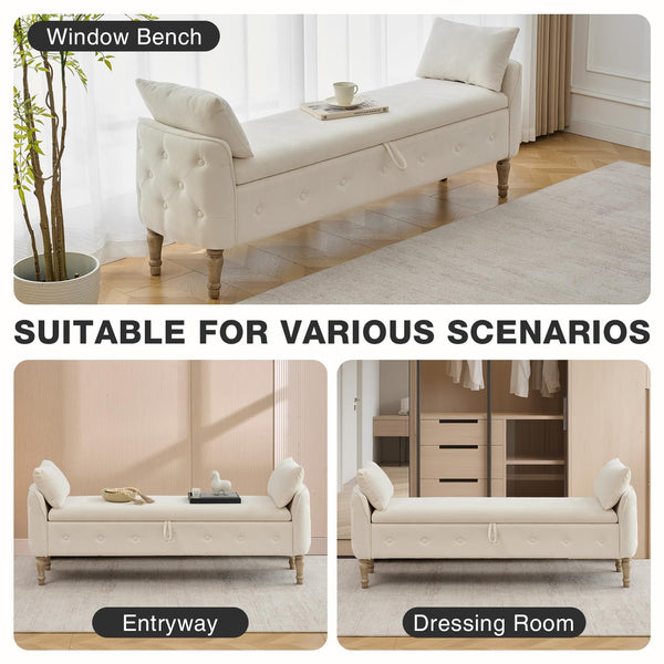 67" King Size Storage Bench with Hidden Storage & Wood Legs