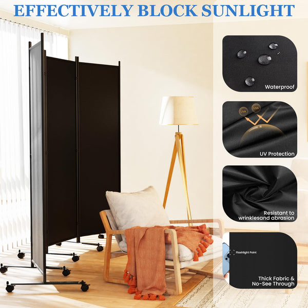 Folding Room Divider with Lockable Wheels & Privacy Screen