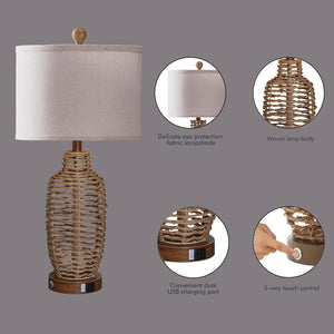 Rattan Table Lamps Set of 2 with USB Port & Dimmable Touch Control