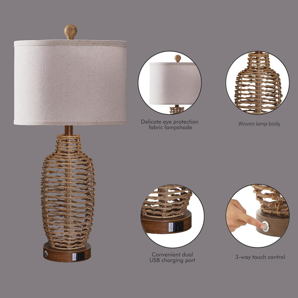 Rattan Table Lamps Set of 2 with USB Port & Dimmable Touch Control