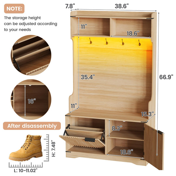Hall Tree with Bench, Shoe Storage & LED Light