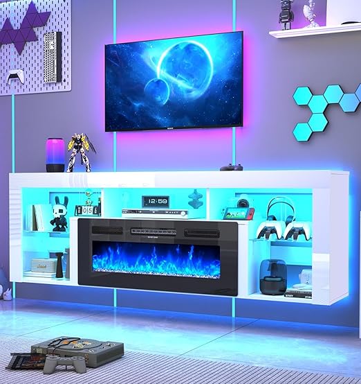71" Floating Fireplace TV Stand with Electric Fireplace & LED Lights